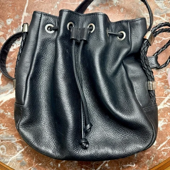 Valerie Stevens Black Leather Drawstring Bucket Crossbody Bag - Picture 2 of 11